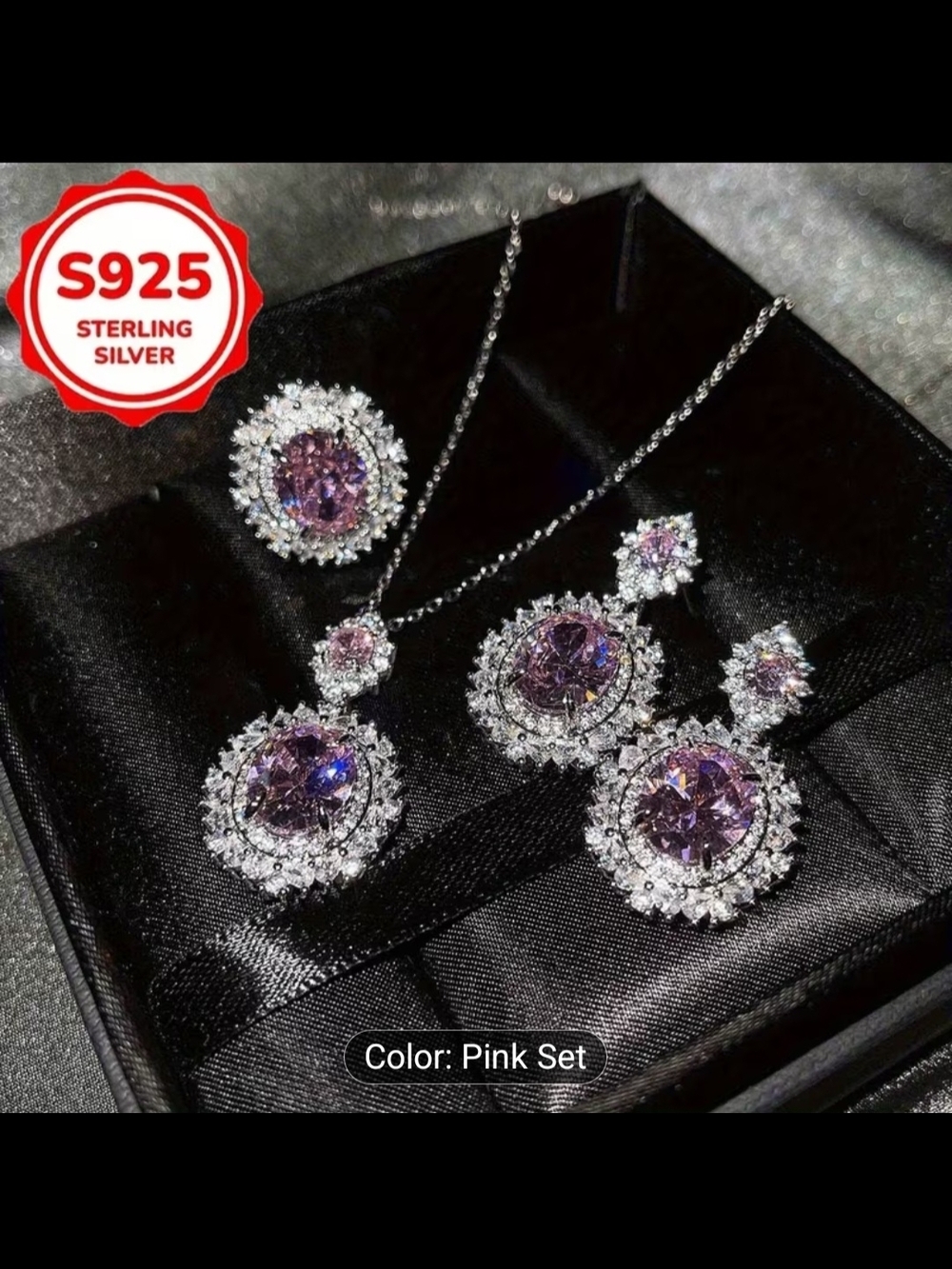 Sterling Silver Pink Halo Pendant Necklace and Earring Set